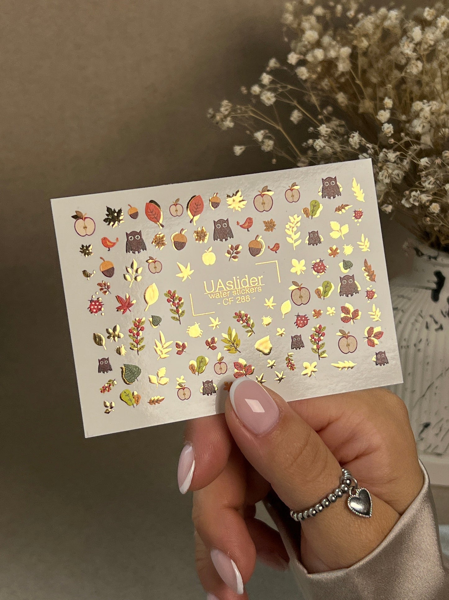 UA Slider 2D Nail Decal CF-286 Nail Water Decal Gold FOIL/ Autumn Owl / Fall Leaves/ Apples /Autumn Designs/Fall Nails