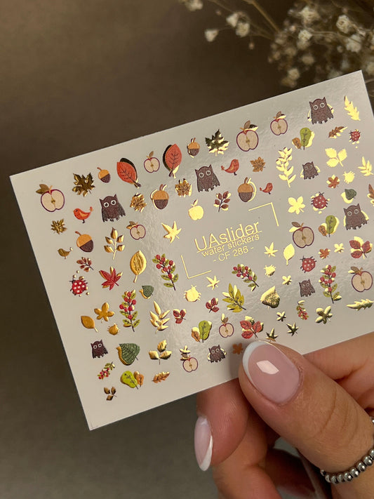 UA Slider 2D Nail Decal CF-286 Nail Water Decal Gold FOIL/  Autumn Owl / Fall Leaves/ Apples /Autumn Designs/Fall Nails