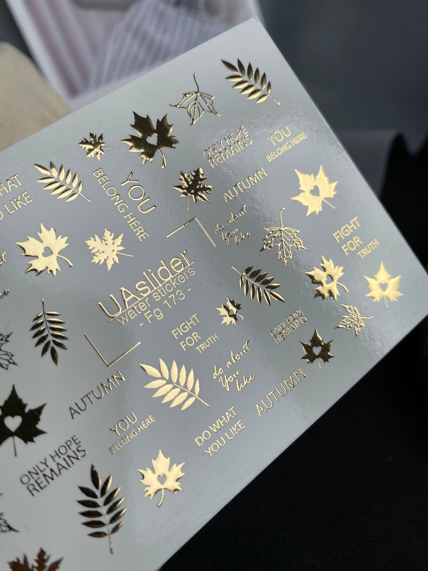 UA Slider 2D Nail Decal FG-173 Gold Foil Nail Water Decal / Autumn Leaves/ Maple Leaves / Inspiring Phrases / Fall Vibes