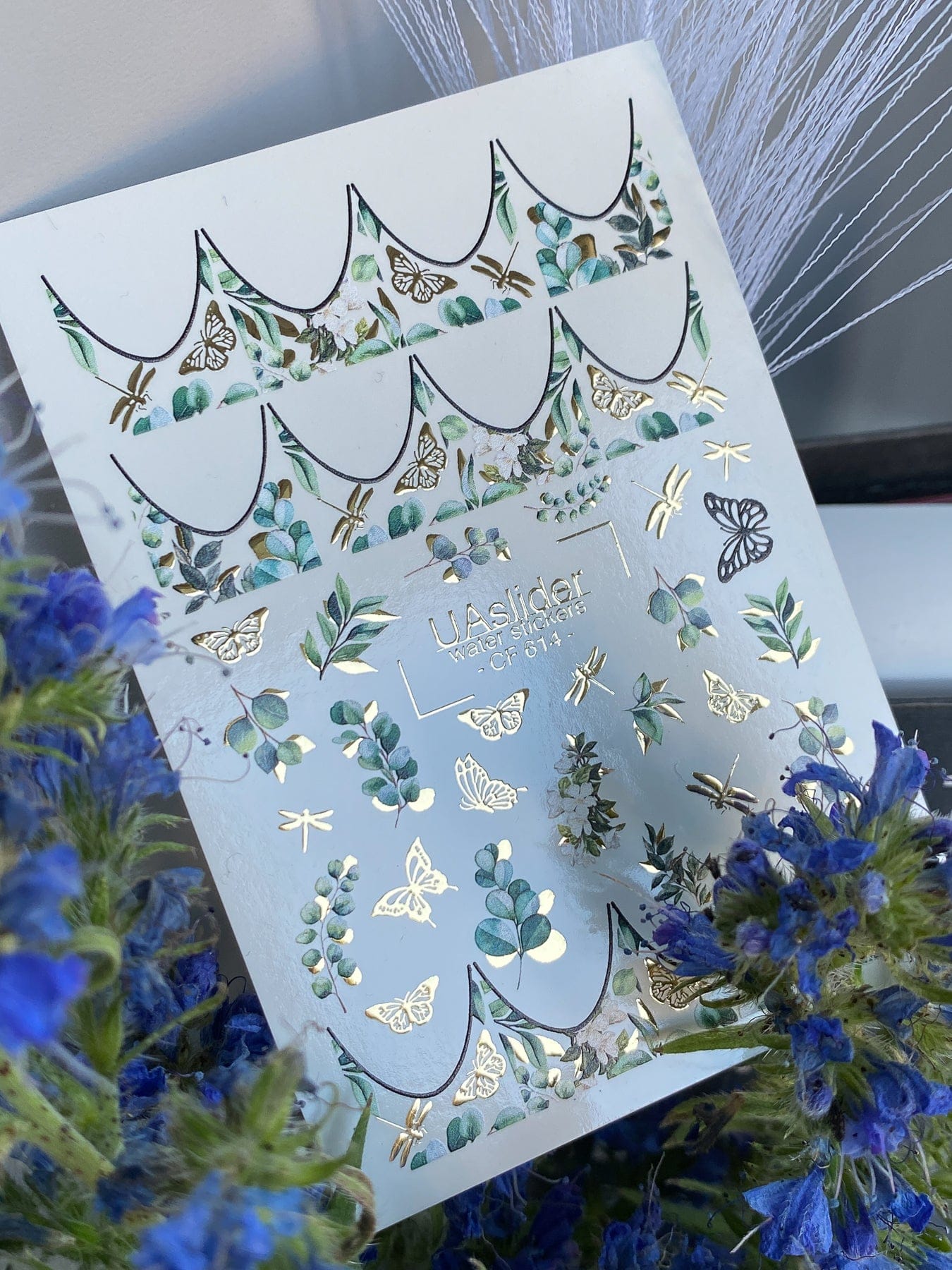 UASlider 2D Nail Decal CF-614 Eucalyptus Gold Foil Butterfly & Dragonfly Nail Water Decals - Botanical Scallop French Tips