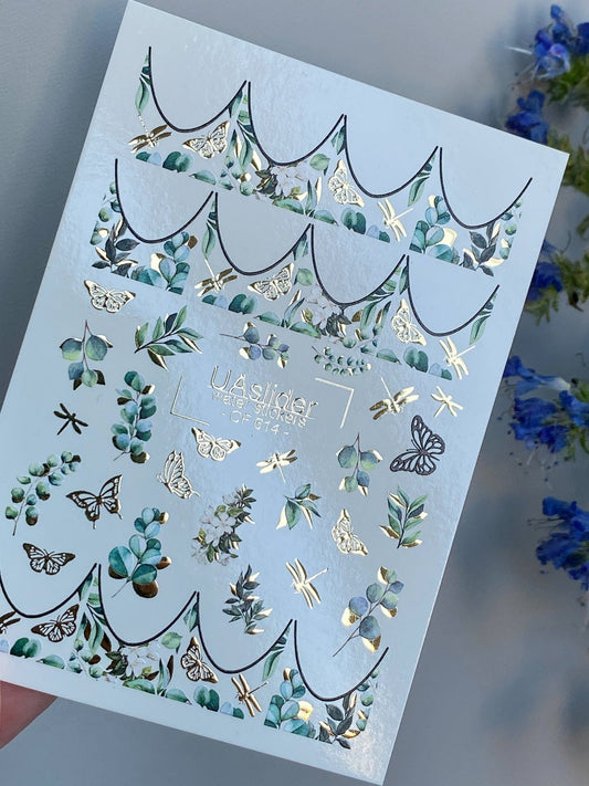 UASlider 2D Nail Decal CF-614 Eucalyptus Gold Foil Butterfly & Dragonfly Nail Water Decals - Botanical Scallop French Tips