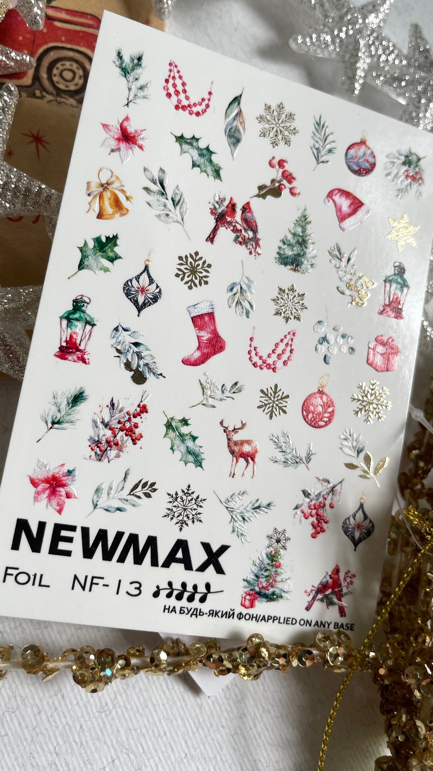 New Max 2D Nail Decal NF-13/ Nail Decal FOIL/Winter/ Christmas/ Snowflakes/ Ornament/ Foliage