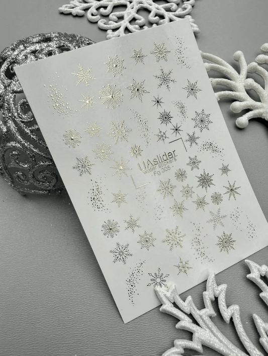 UASlider 2D Nail Decal FG-305 Gold Foil Water Decals – Delicate Snowflakes & Dot Accents Winter Christmas Nail Art
