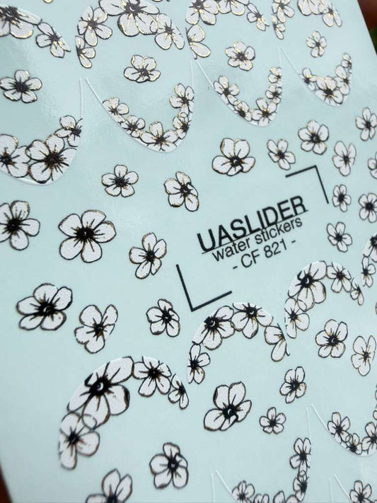 UASlider 2D Nail Decal CF-821 Black Cherry Blossom Gold Foil Nail Water Decals - French Tip & Scattered Floral Nail Art