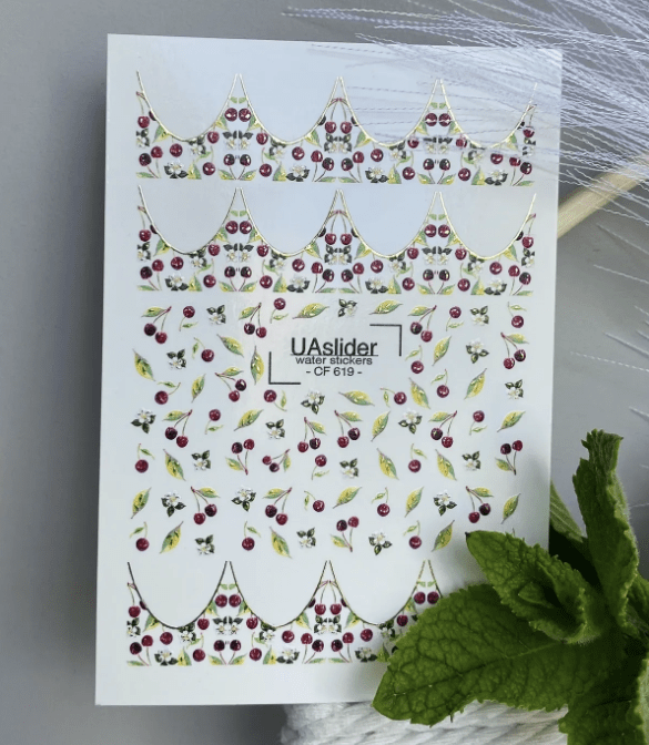 UA Slider 2D Nail Decal CF-619 Cherry French Tip Nail Decals – Red Cherries & Blossoms Water Slide (CF-619)