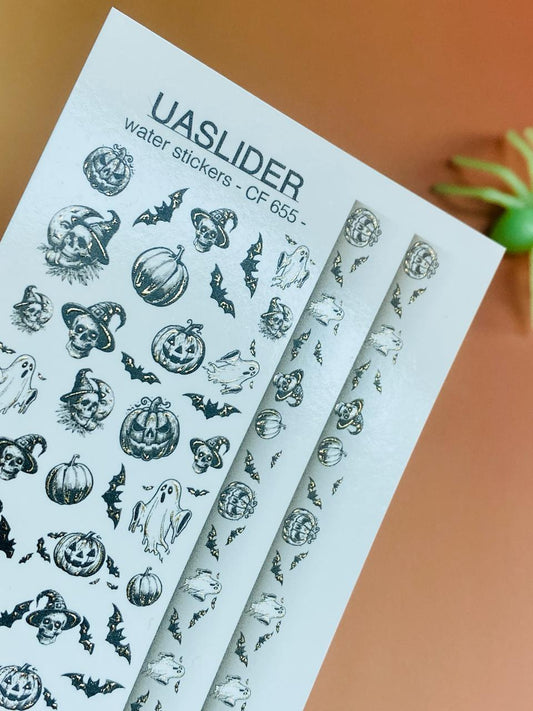 UA Slider 2D Nail Decal CF-655 Halloween French Tip Nail Art Decals – Ghosts, Pumpkins, Bats & Skulls, Water Transfer
