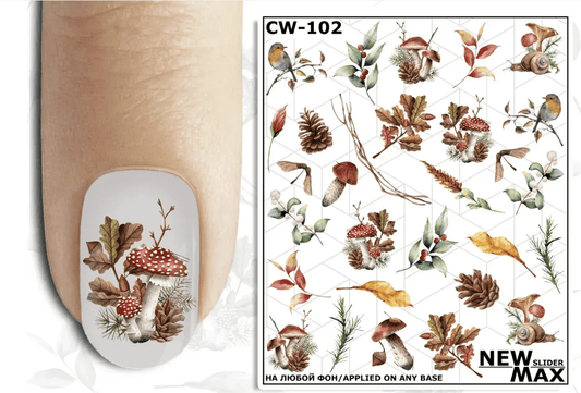 New Max 2D Nail Decal CW-102 Nail Water Decal – Woodland Mushrooms & Autumn Forest Nail Art Water Stickers, Cozy Fall Nature Nails