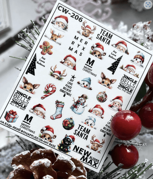 New Max 2D Nail Decal CW-206 / Nail Water Decal – Christmas, Santa, Reindeer, Candy Canes, Holiday Nail Designs