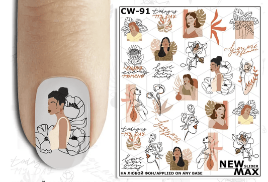 New Max 2D Nail Decal CW-91  Nail Water Decal – Abstract Women & Floral Nail Art Water Stickers, Boho Minimal Line Art Designs
