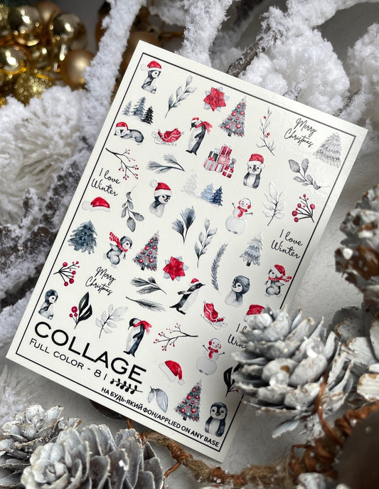 New Max 2D Nail Decal FC-81 / Nail Water Decal 2D Winter Penguin, Christmas Tree, Santa Hat