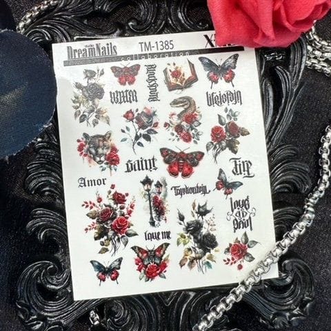 XND Products 2D Nail Decal TM-1385 / Nail Decal 2D/ Gothic Nails/ Dark / Moth / Roses