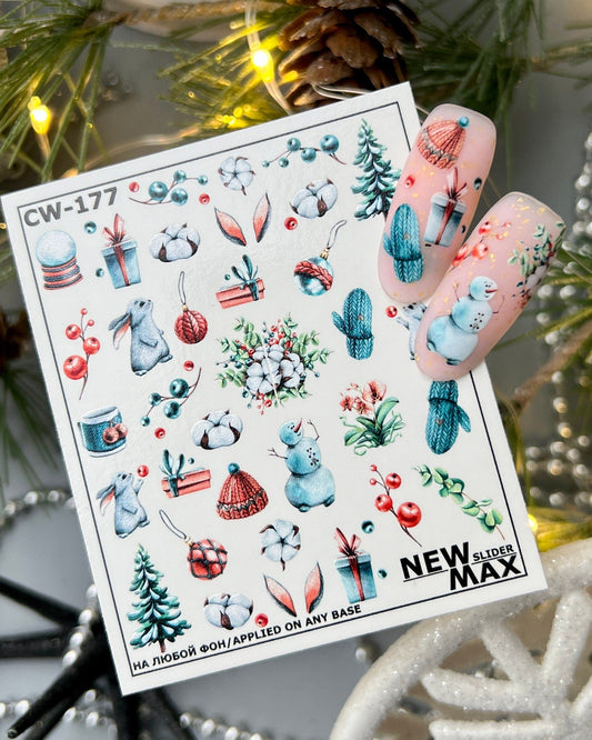 XND Products Nail Decal 2D / Christmas Nails/Snowman/ Cute Nails/ Christmas Tree/Presents/ Rabbit/Water Nails Decals/ Stickers/ Nails/ Water Decals/