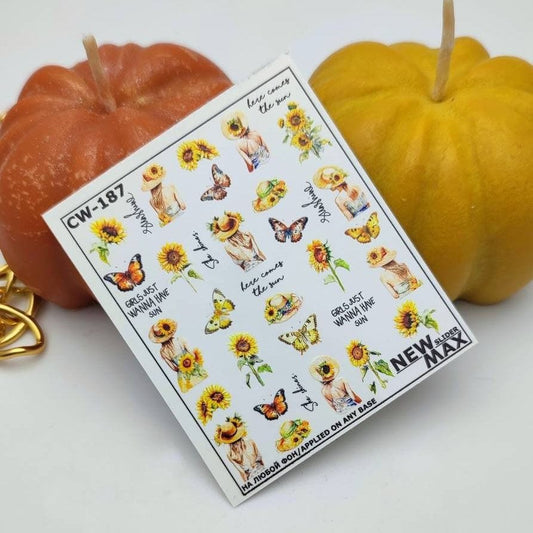 New Max 2D Nail Decal CW-187 / Nail Decal 2D /Sunflowers/Flowers/Butterfly