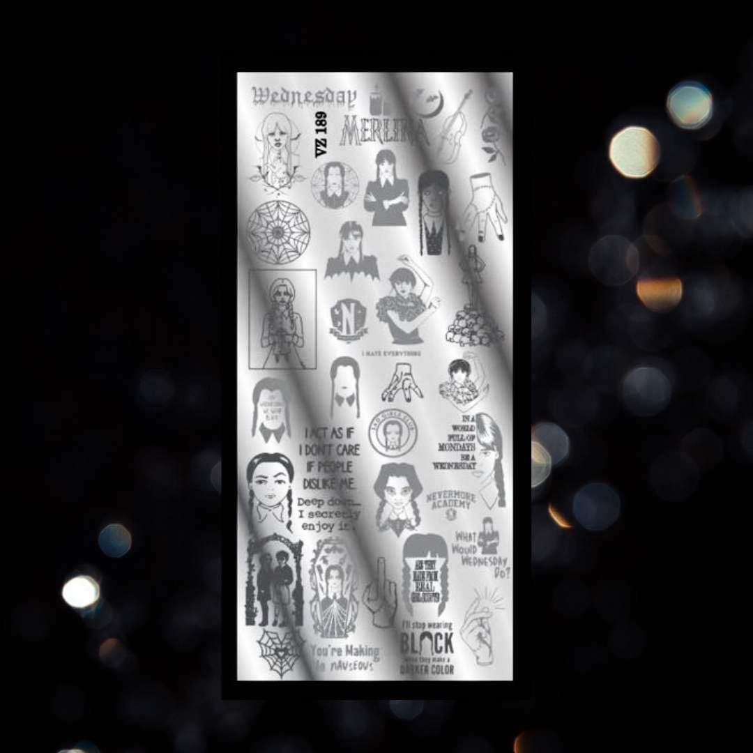 Mundo De Unas Stamping Plates VZ-189 / Nail Stamping Plate/ Wednesday Inspired /Halloween/Addams/ Merlina