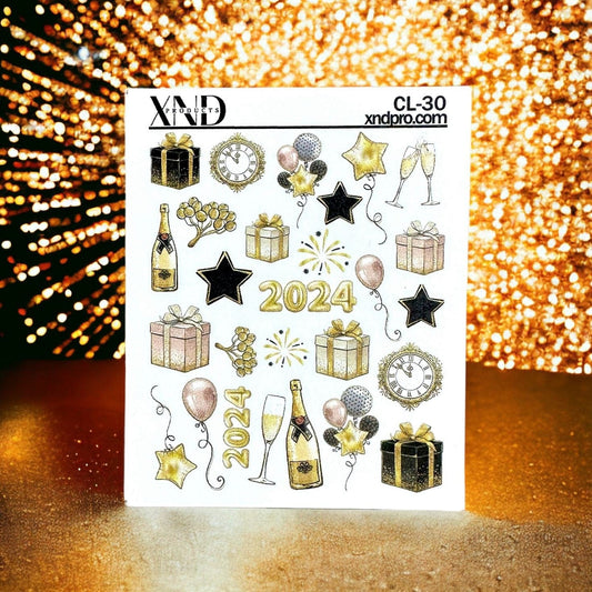 XND Products 2D Nail Decal CL-30 / Nail Decal 2D /2024 / New Year’s Eve Nails / New Year’s Nail