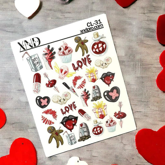 XND Products 2D Nail Decal CL-31 / Nail Decal 2D / Creepy Valentine Nail /Spooky San Valentine Nails / Voodoo