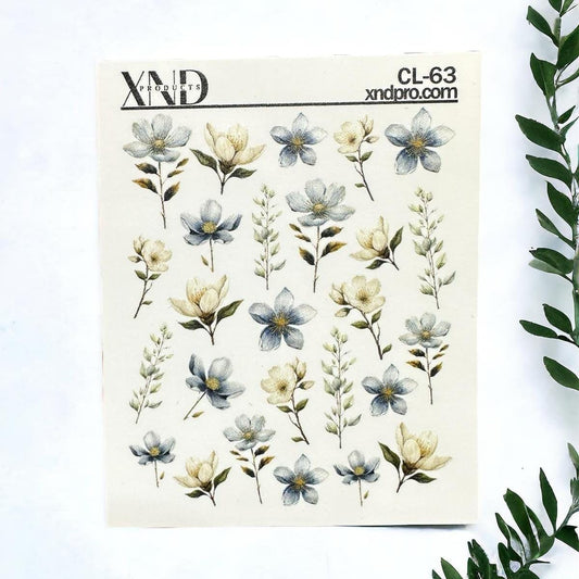 XND Products 2D Nail Decal CL-63 / Nail Decal 2D/ Flowers/ Spring Nails/ Blue Flowers