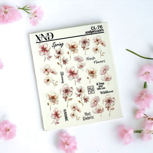 XND Products 2D Nail Decal CL-76 / Nail Decal 2D/ Floral Nails/ Pink Flowers