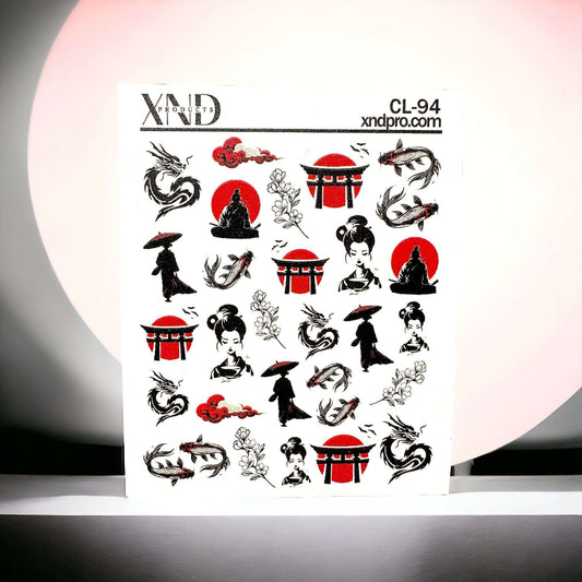 XND Products 2D Nail Decal CL-94 / Nail Decal 2D / Japanese / Geisha / Dragon / Koi Fish