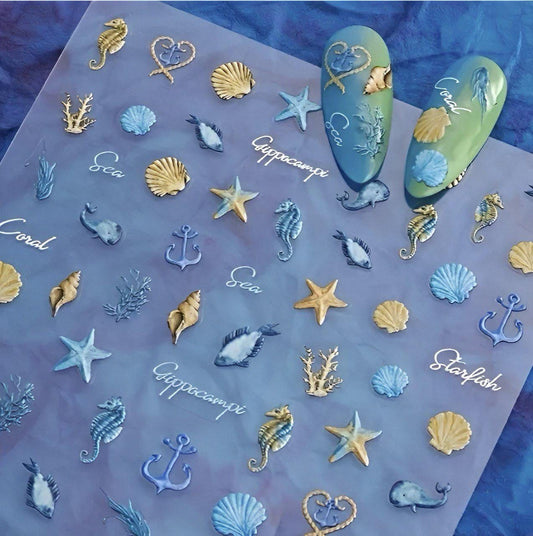 XND Products Self-Adhesive Nail Stickers Self-Adhesive Embossed Marine Life Nail Art Stickers / Starfish/ Seahorse/ fish & Seashell / Ocean-Themed Accessories for Women