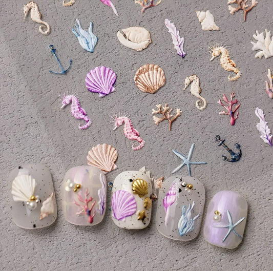 XND Products Self-Adhesive Nail Stickers Adhesive Nail Stickers /Pink Summer Ocean Theme Shell/ Starfish/ Seahorse/ Coral/ Seaweed
