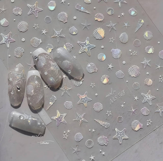 XND Products Self-Adhesive Nail Stickers Self- Adhesive Nail Stickers /Ocean Wonders/ 3D Embossed Starfish/ Shells & Mermaid stickers / Sparkling Aurora Colors
