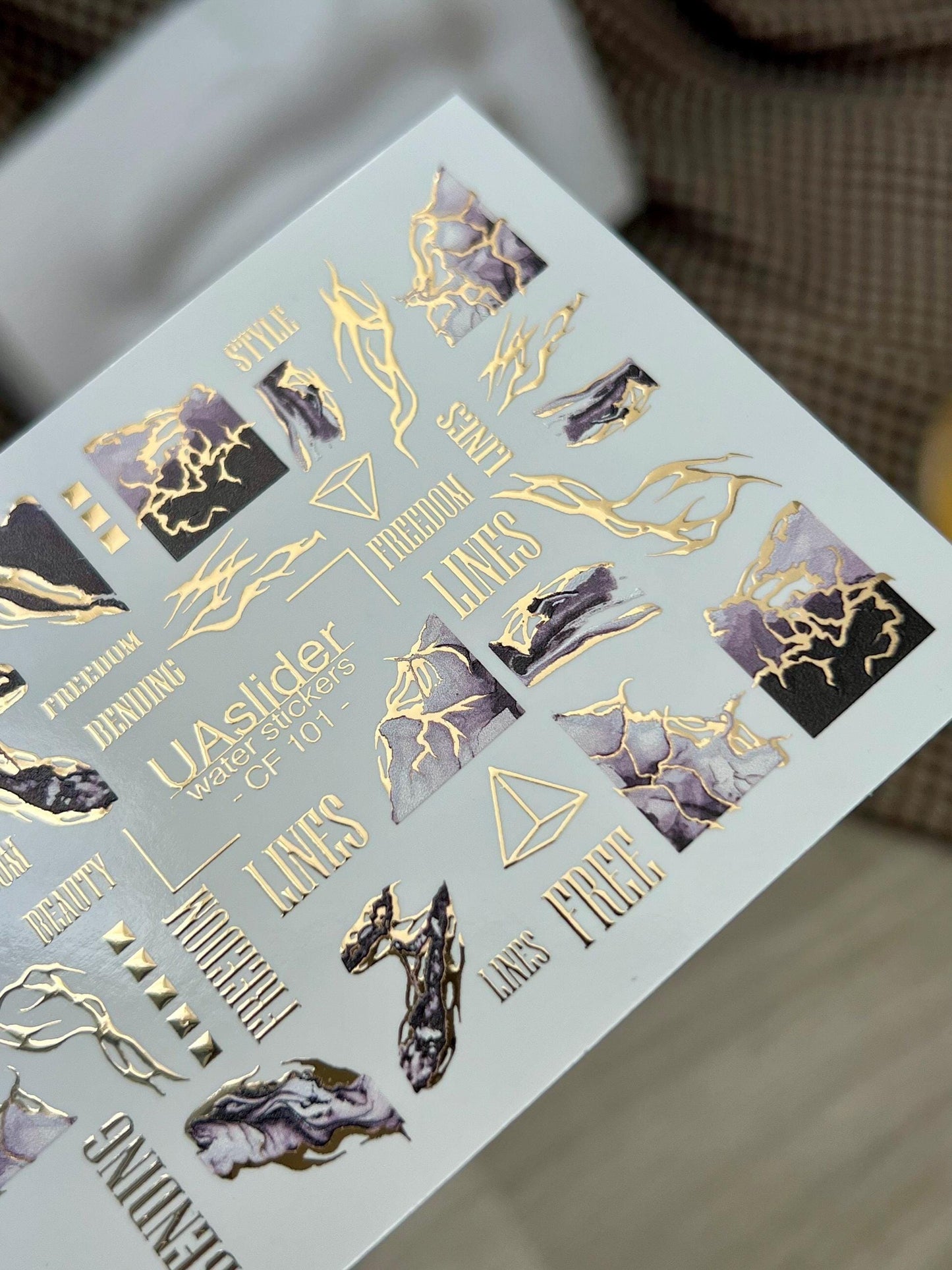 UA Slider 2D Nail Decal CF-101 Nail Water Decal Gold FOIL/ Abstract/ Marble / Luxury /Line Art/ Foil Nail Stickers / Nail Stickers