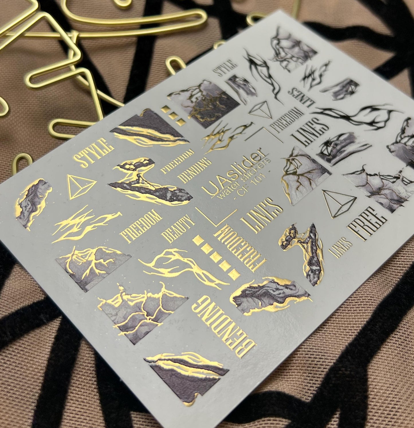 UA Slider 2D Nail Decal CF-101 Nail Water Decal Gold FOIL/ Abstract/ Marble / Luxury /Line Art/ Foil Nail Stickers / Nail Stickers