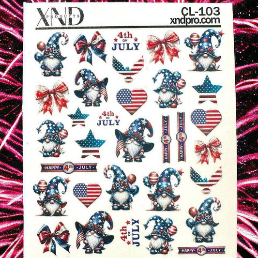 XND Products 2D Nail Decal CL-103 / Nail Decal 2D / 4th of July nails / Independence Day / Gnomes/ USA