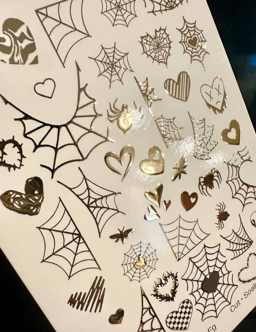 UA Slider 2D Nail Decal FG-42 Spider Web Nail Decals, Gold Halloween Waterslide Transfers, Spooky Nail Decals