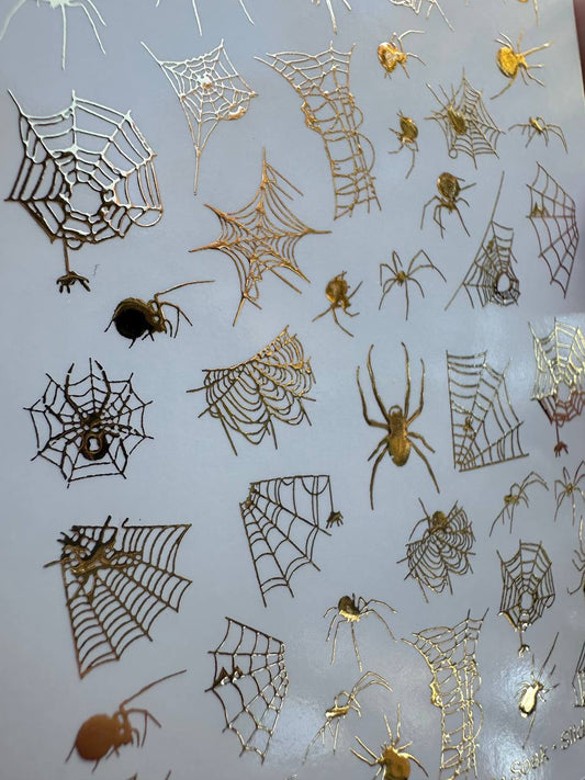 UA Slider 2D Nail Decal FG-41 Spider Web Nail Decals, Gold Halloween Waterslide Transfers, Spooky Nail Decals