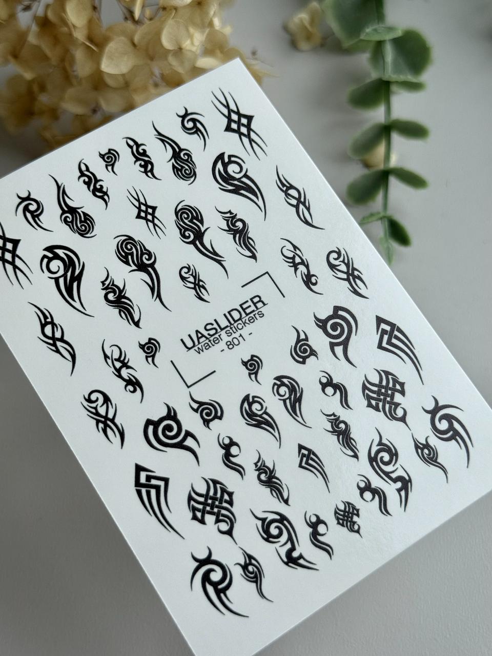 UASlider 2D Nail Decal 801 - Black Tribal Nail Decals, Gothic Nails