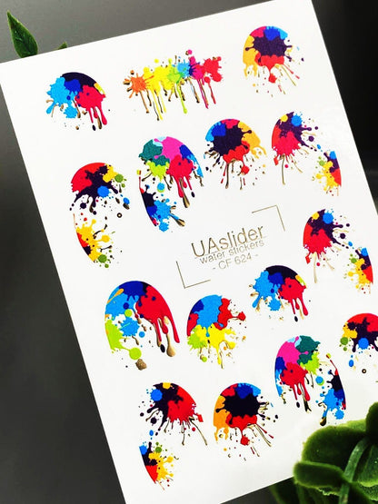 UA Slider 2D Nail Decal CF-624 Nail Water Decal Gold FOIL/ Paint Splash Style/ Neon nails/ Festival Nails/ Pop Art Nails/ Colorful Nails