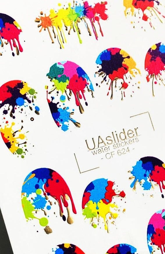 UA Slider 2D Nail Decal CF-624 Nail Water Decal Gold FOIL/ Paint Splash Style/ Neon nails/ Festival Nails/ Pop Art Nails/ Colorful Nails