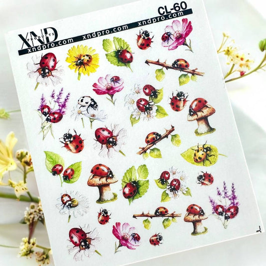 XND Products 2D Nail Decal CL-60 / Nail Decal 2D/ Ladybug /Spring Nails/  Wildflowers/ Summer Nails