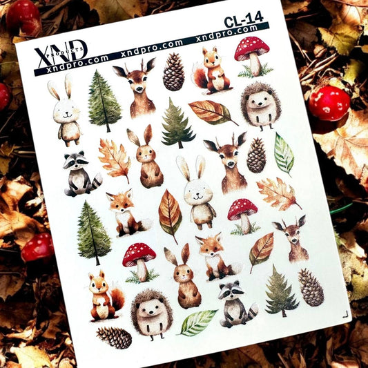 XND Products 2D Nail Decal CL-14 Nail Decal 2D/ Woodland Animals /Forest / Cozy autumn/ Deer/ Fox/ Rabbit/ Raccoon/ Leaves/