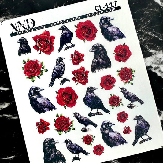 XND Products 2D Nail Decal CL-117 Nail Decal 2D/ Crow/ Red Rose / Gothic Dark Romance/ Crow Nail Decals/ Ravens/ Romantic Nail Designs