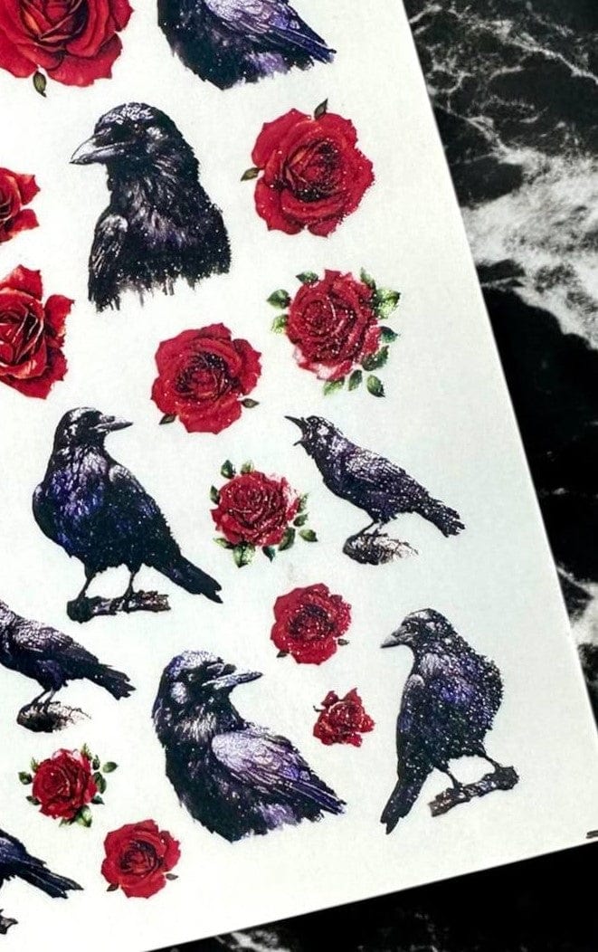 XND Products 2D Nail Decal CL-117 Nail Decal 2D/ Crow/ Red Rose / Gothic Dark Romance/ Crow Nail Decals/ Ravens/ Romantic Nail Designs