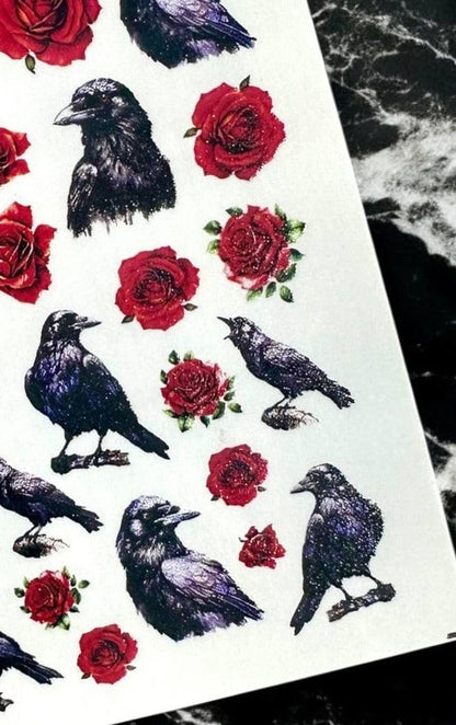 XND Products 2D Nail Decal CL-117 Nail Decal 2D/ Crow/ Red Rose / Gothic Dark Romance/ Crow Nail Decals/ Ravens/ Romantic Nail Designs