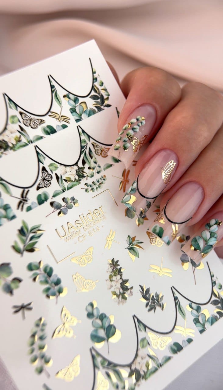 UASlider 2D Nail Decal CF-614 Eucalyptus Gold Foil Butterfly & Dragonfly Nail Water Decals - Botanical Scallop French Tips