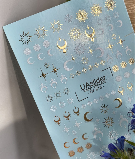 UA Slider 2D Nail Decal CF-615 Celestial Sun & Moon Nail Art Water Decals, Geometric Symbols – Gold & White
