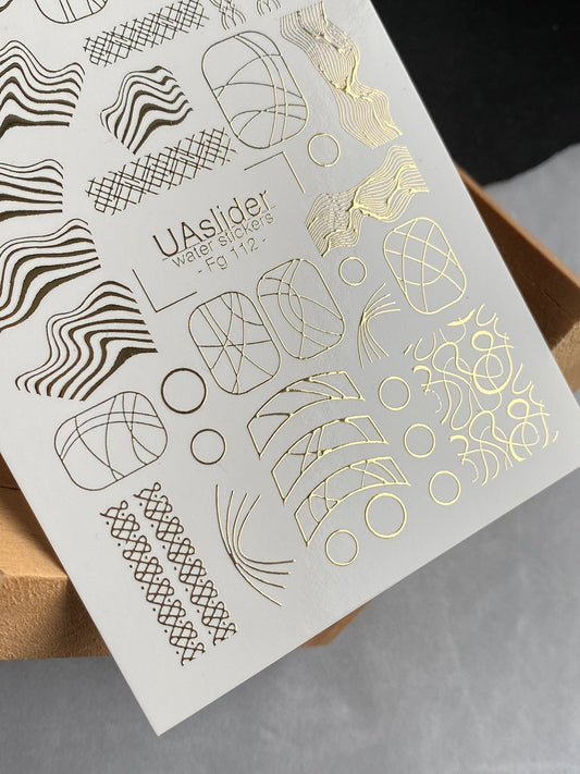UA Slider 2D Nail Decal FG-112 Nail Decal Gold FOIL/ Modern Arches/ Waves /Abstract /Geometric Art/ Nail Art/ Nail Water Decals