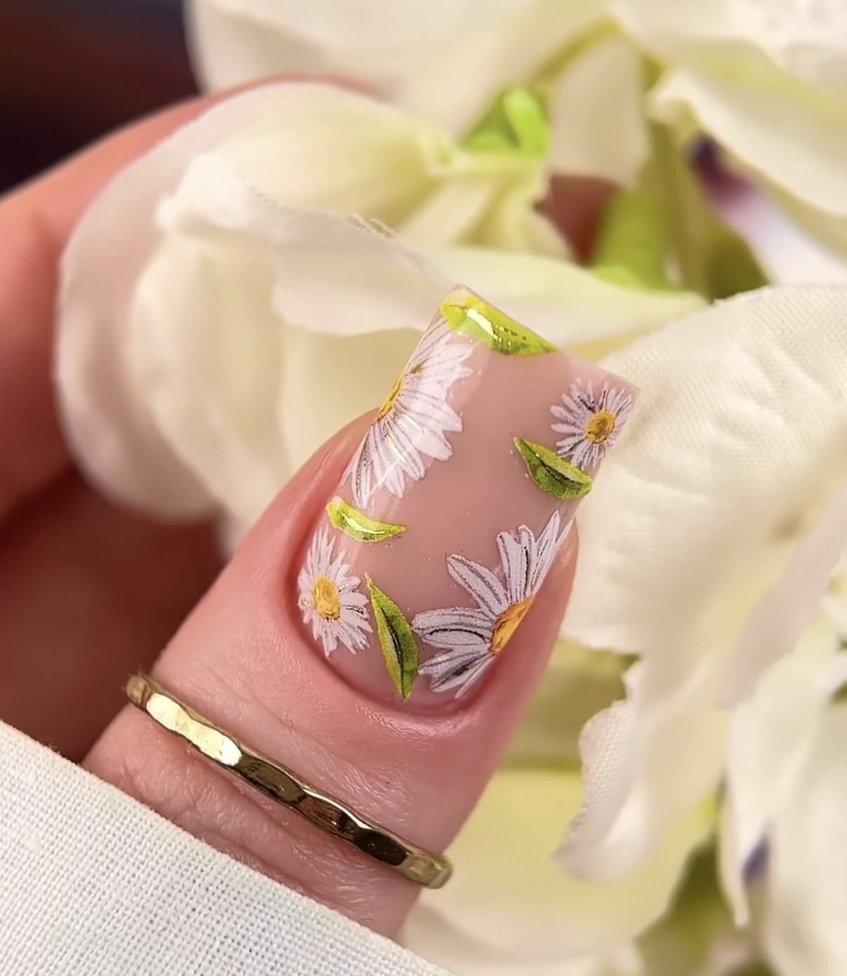 UASlider Nail Water Decals NCg-113 White Daisy Gold Foil Nail Water Decals - No Cut Botanical Floral Nail Art