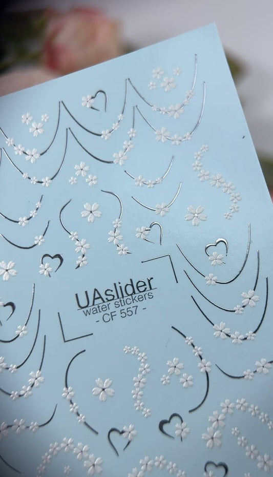 UA Slider 2D Nail Decal CF-557 Nail Decal Gold FOIL/ White Daisy Chain/Soft Floral Curves/  Heart Accents /French Tips/ Romantic /Floral Nail Art