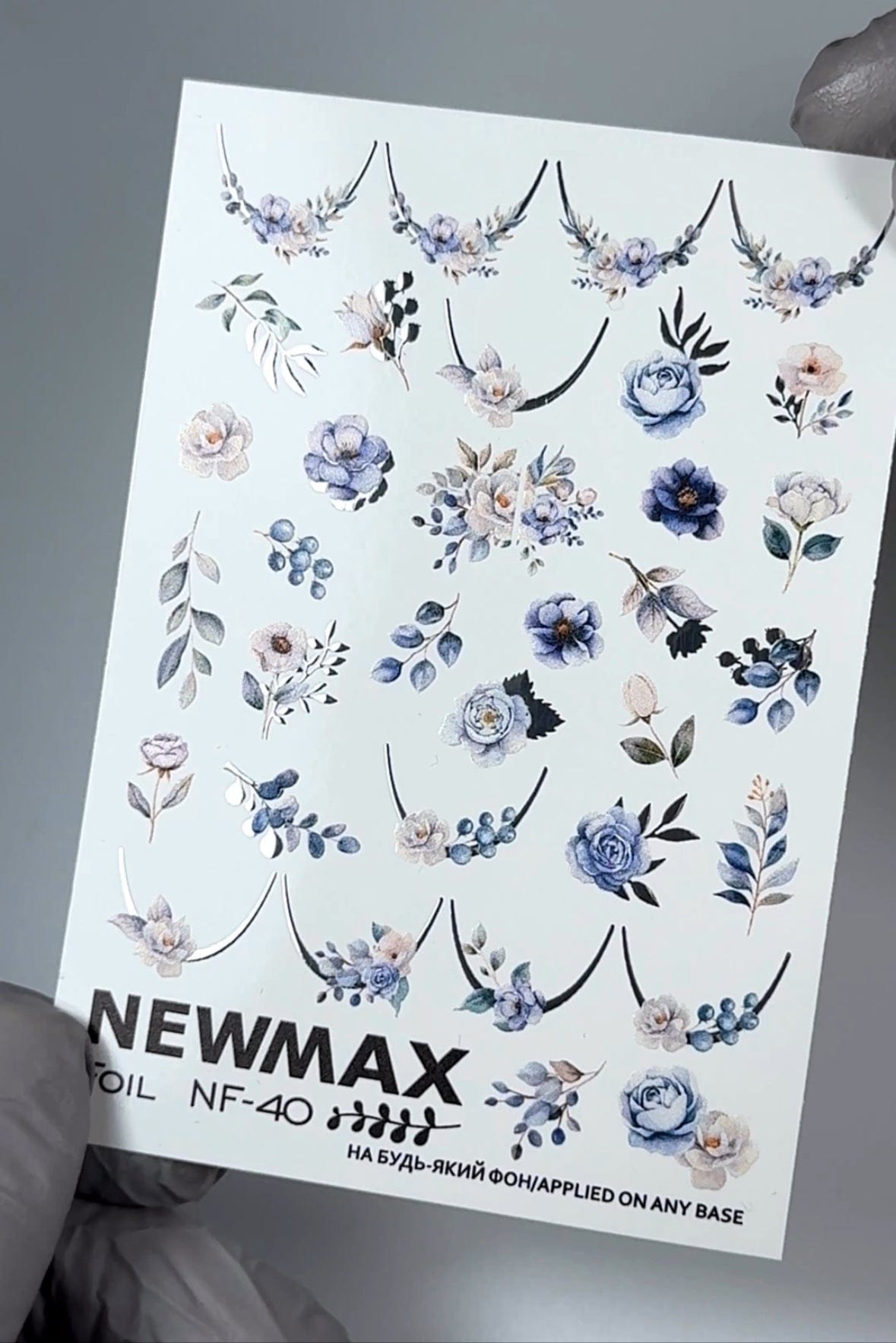 New Max 2D Nail Decal NF-40 Nail Water Decal Spring Silver Foil / Floral French Tip, Spring and Floral Nail Waterslides, Nail Water Stickers, Nail Tattoo