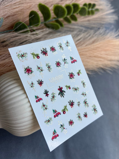 UA Slider 2D Nail Decal CF-012 Christmas Greenery & Red Truck Water Decals, Holly, Mistletoe & Sprigs