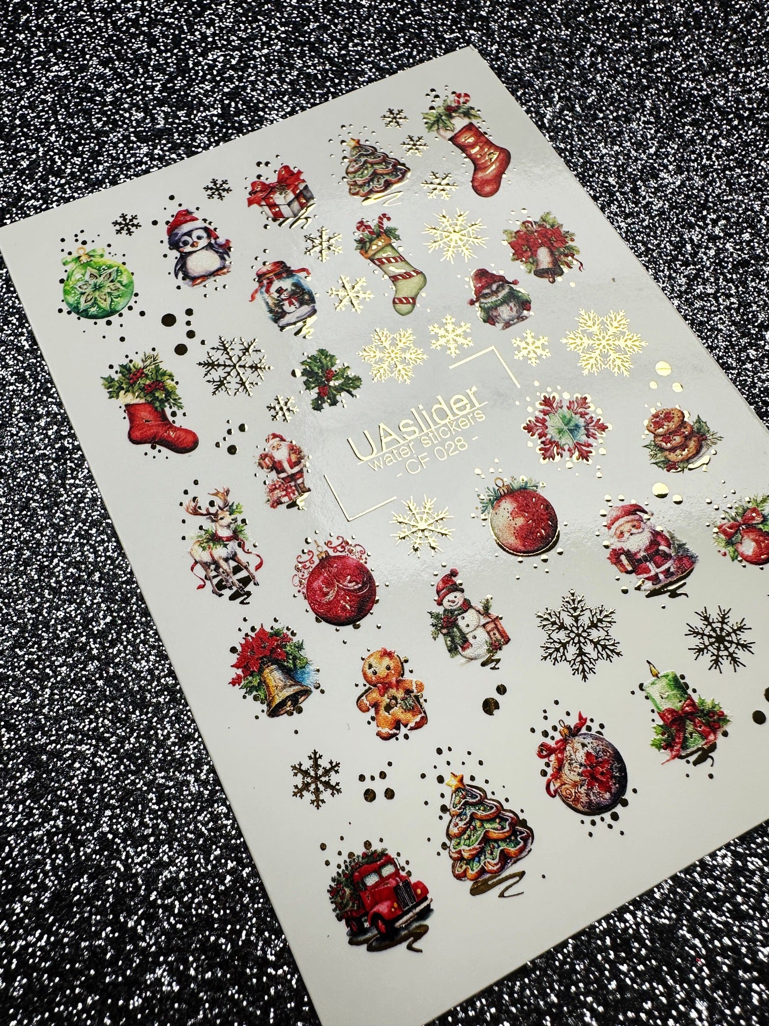 UA Slider 2D Nail Decal CF-028 Cozy Christmas Characters & Gold Snowflake Water Decals