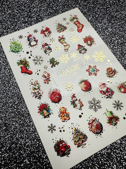 UA Slider 2D Nail Decal CF-028 Cozy Christmas Characters & Gold Snowflake Water Decals
