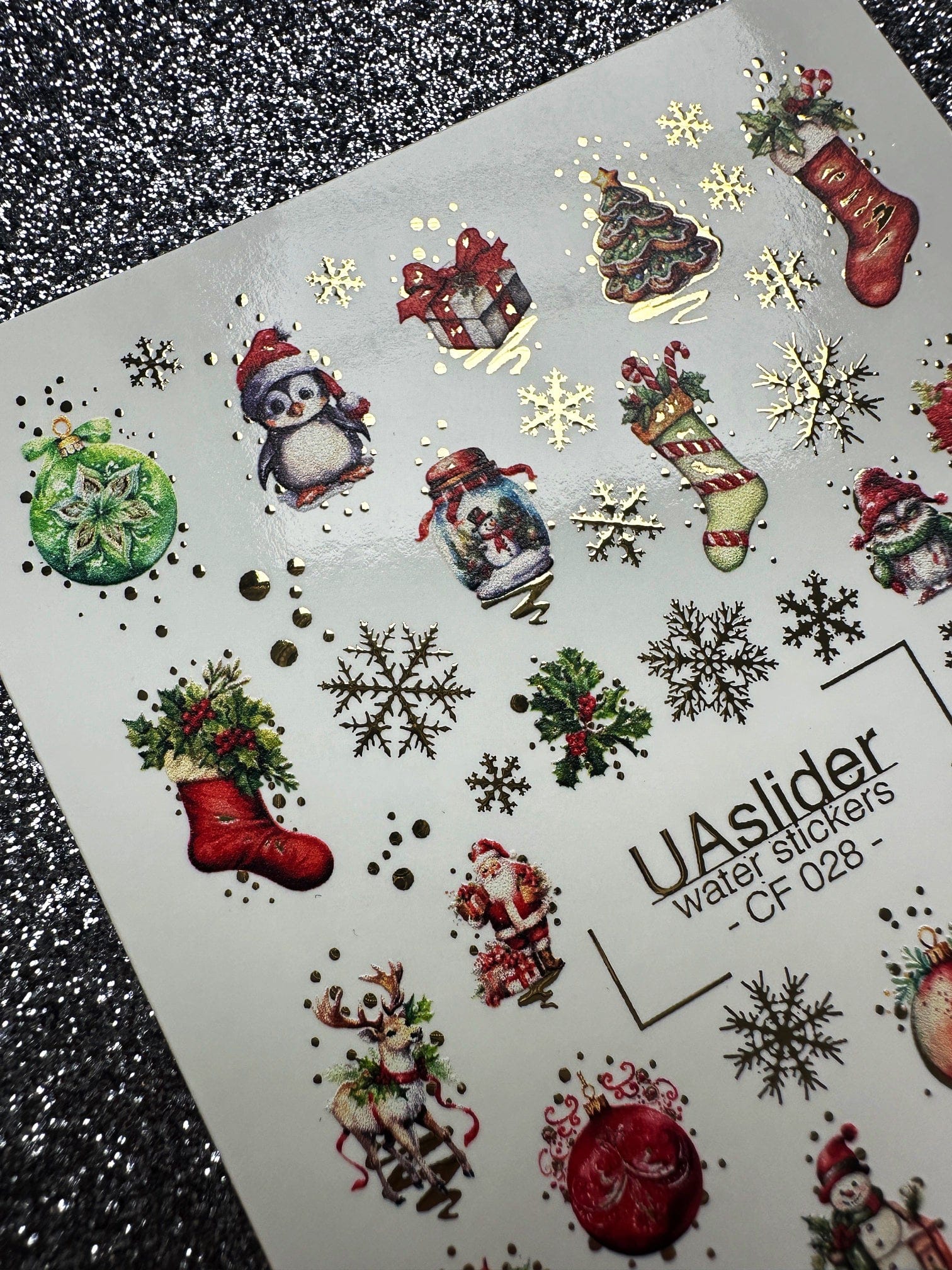 UA Slider 2D Nail Decal CF-028 Cozy Christmas Characters & Gold Snowflake Water Decals