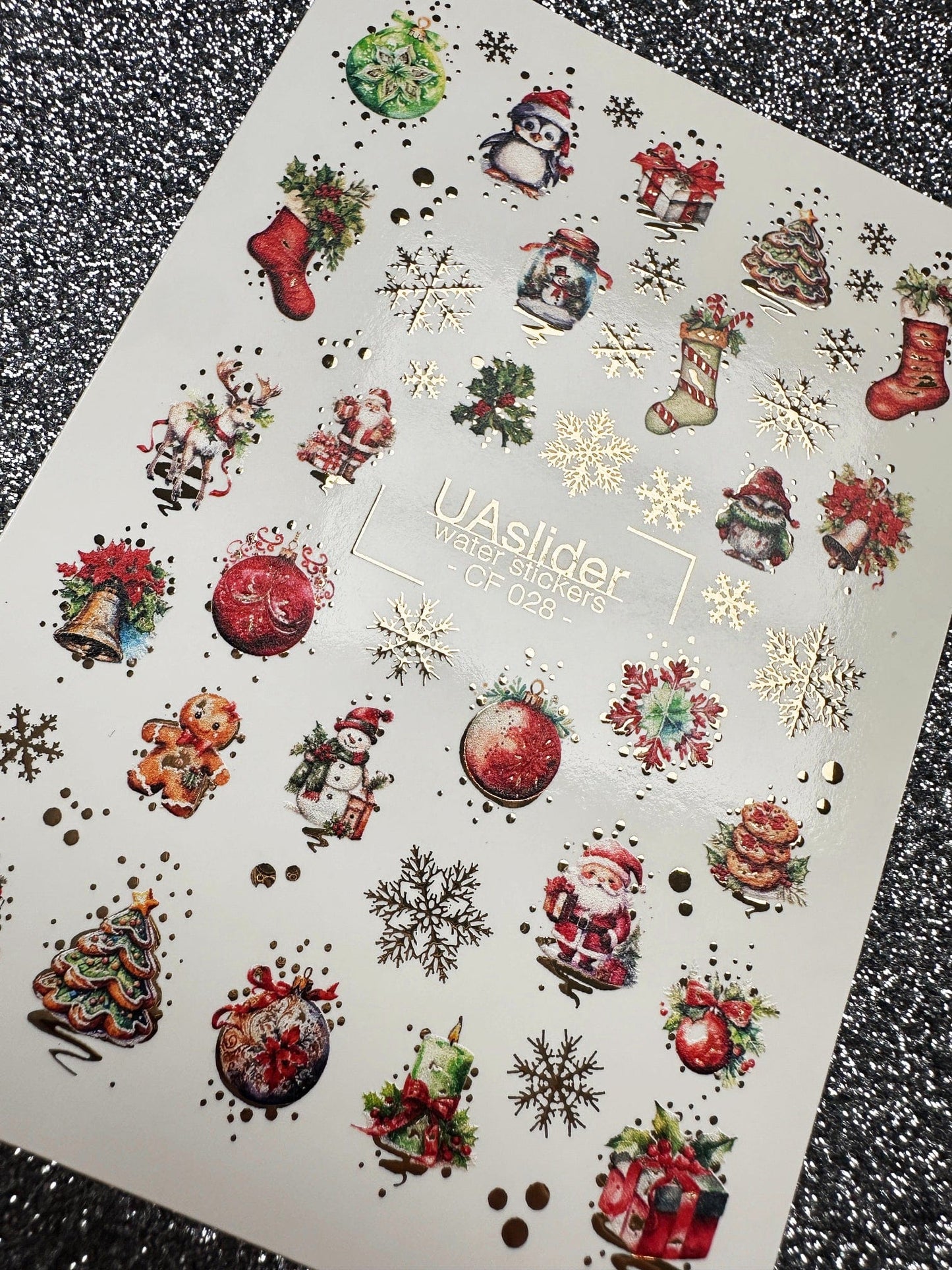 UA Slider 2D Nail Decal CF-028 Cozy Christmas Characters & Gold Snowflake Water Decals